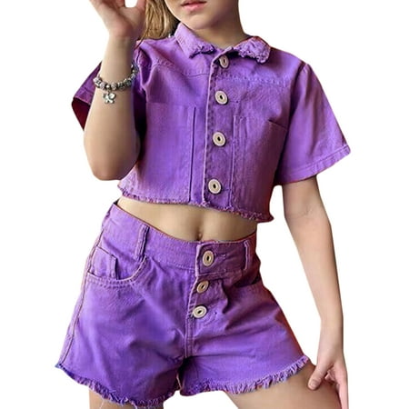 

Wallarenear Baby Girl Lapel Button Down Denim Crop Tops Elastic Jeans Cargo Shorts Pants