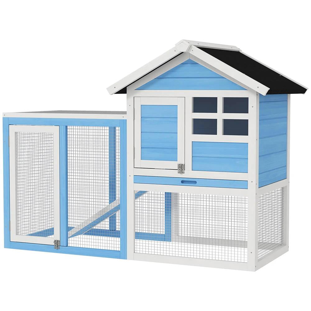 Topcobe 48" Wooden Rabbit Hutch Bunny Cage with Waterproof Asphalt Roof, Fun Outdoor Run, Removable Tray and Ramp, Outdoor Wooden Pet Shelter, Light Blue