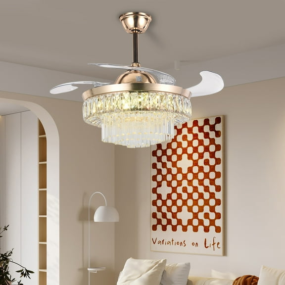 LUOLAX 42 Inch Modern Luxury Crystal Ceiling Fan Light, LED 3-tone Lighting Bedroom Fan Light (Gold)