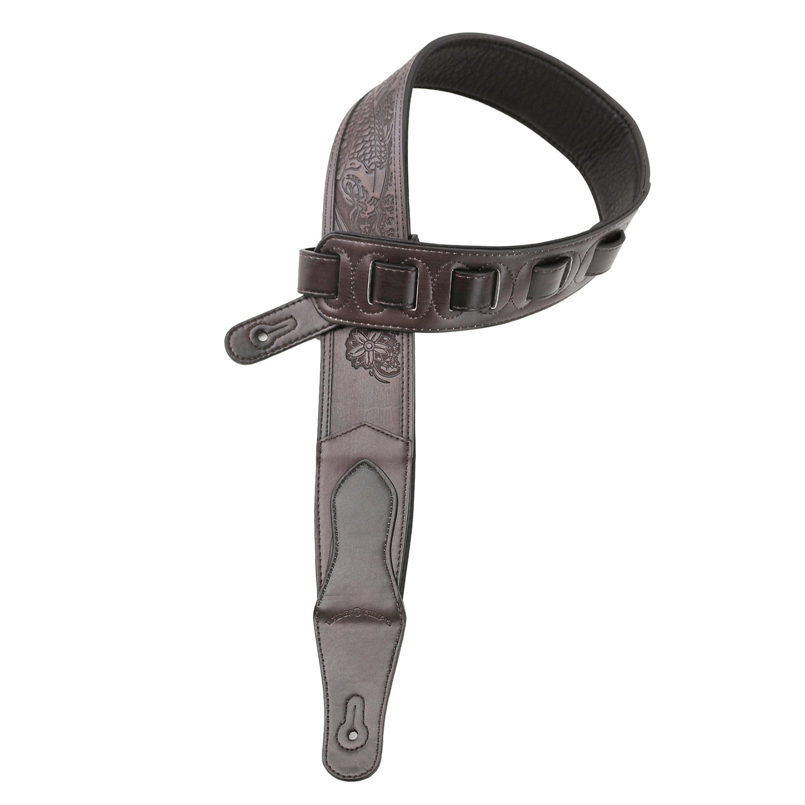 Walker & Williams LIE-14 Weathered Dark Brown Leather Padded Guitar Strap with Embossed Tooling