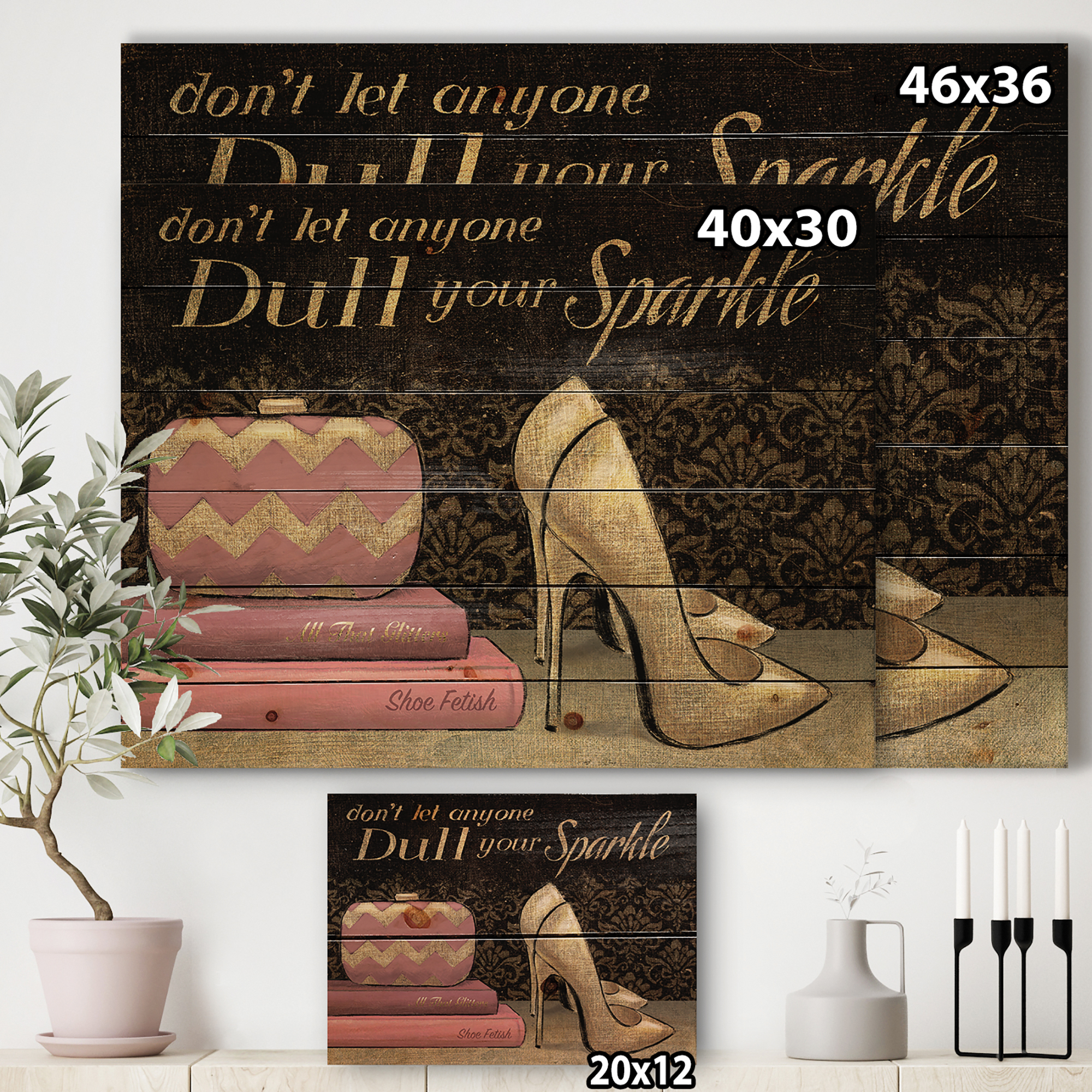 Designart 'Gold Glam and Fashion High Heels IV' Fashion Print on Natural Pine Wood