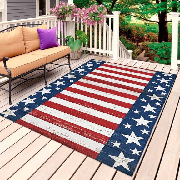 Vintage Stars Independence Day Outdoor Rug for Patio/Deck/Porch, Non-Slip Large Area Rug 5 x 7 Ft, 4th of July Farmhouse Striped Indoor Outdoor Rugs Washable Area Rugs, Camping Rug Carpet Runner