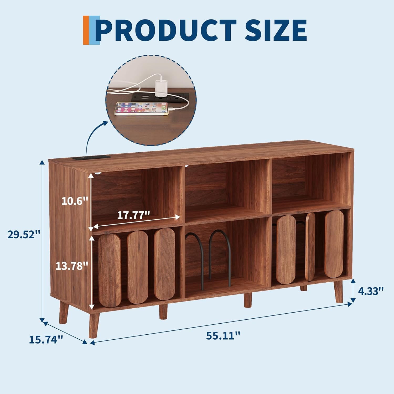 Studyset 55" Large Record Player Stand | Mid-Century Modern Wood Media Console with Charging Station | Vinyl Record Storage Cabinet with 2 USB Ports, Open Shelves & Turntable Holder