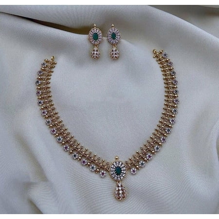 Indian Ethnic Gold Necklace Choker Set - Dainty South Indian Short Necklace with White CZ Stones, Temple Bridal Jewelry, One Gram Jewelry for Weddings
