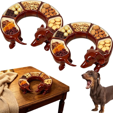 Dachshund Serving Tray 5 Section, Divided Tray Set with Poseable Dachshund, for Kitchen Tabletop, Restaurant, Nuts, Snacks