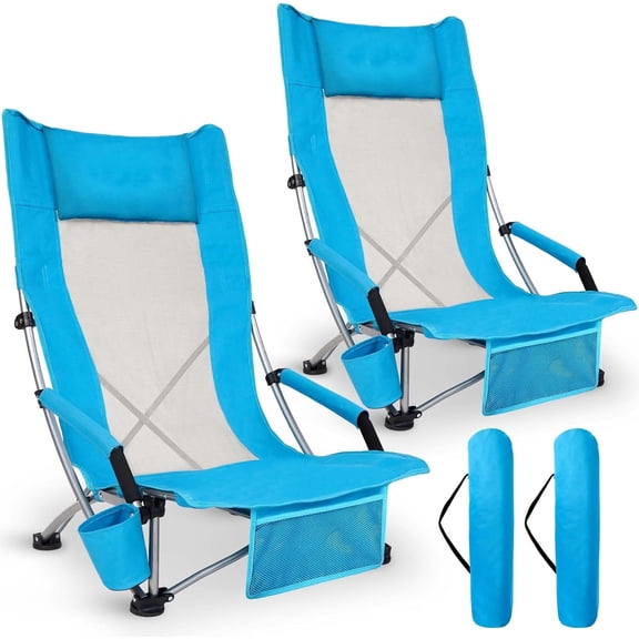Folding Beach Chair: Low/High Back Chairs with Carry Bag - Wide Seat with Pillow & Storage Pocket (Blue)