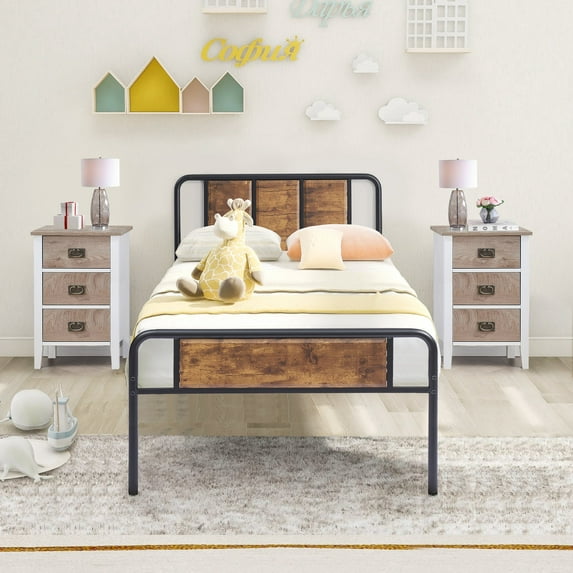 VECELO 3-Piece Bedroom Sets Metal Bed Frame and 2 Nightstands