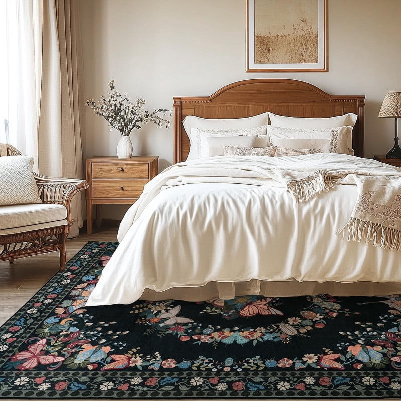 4x6 Butterfly Print Washable Black Area Rug for Living Room Bedroom Dining Room Office Nursery Non-Slip & Stain Resistant Modern Indoor Carpet, Soft Cozy Low Pile Throw Rugs with Rubber Backing