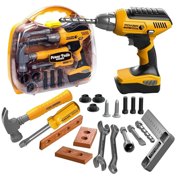 Rirool Kids Tool Set with Electronic Drill - 37pc Pretend Play Construction Toys for Toddlers 3-6, Toolbox, Hammer, Screwdriver & Wood Blocks