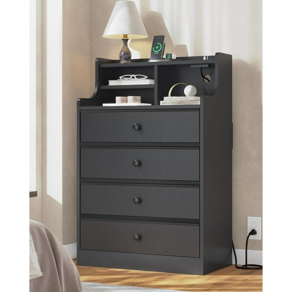 Tall Dresser for Bedroom,4 Drawer Dresser with Charging Station & Hutch,Black Wood Chest of Drawers with PU & Fabric Drawers,Closet Dressers with Drawers for Living Room, Entryway, Hallway