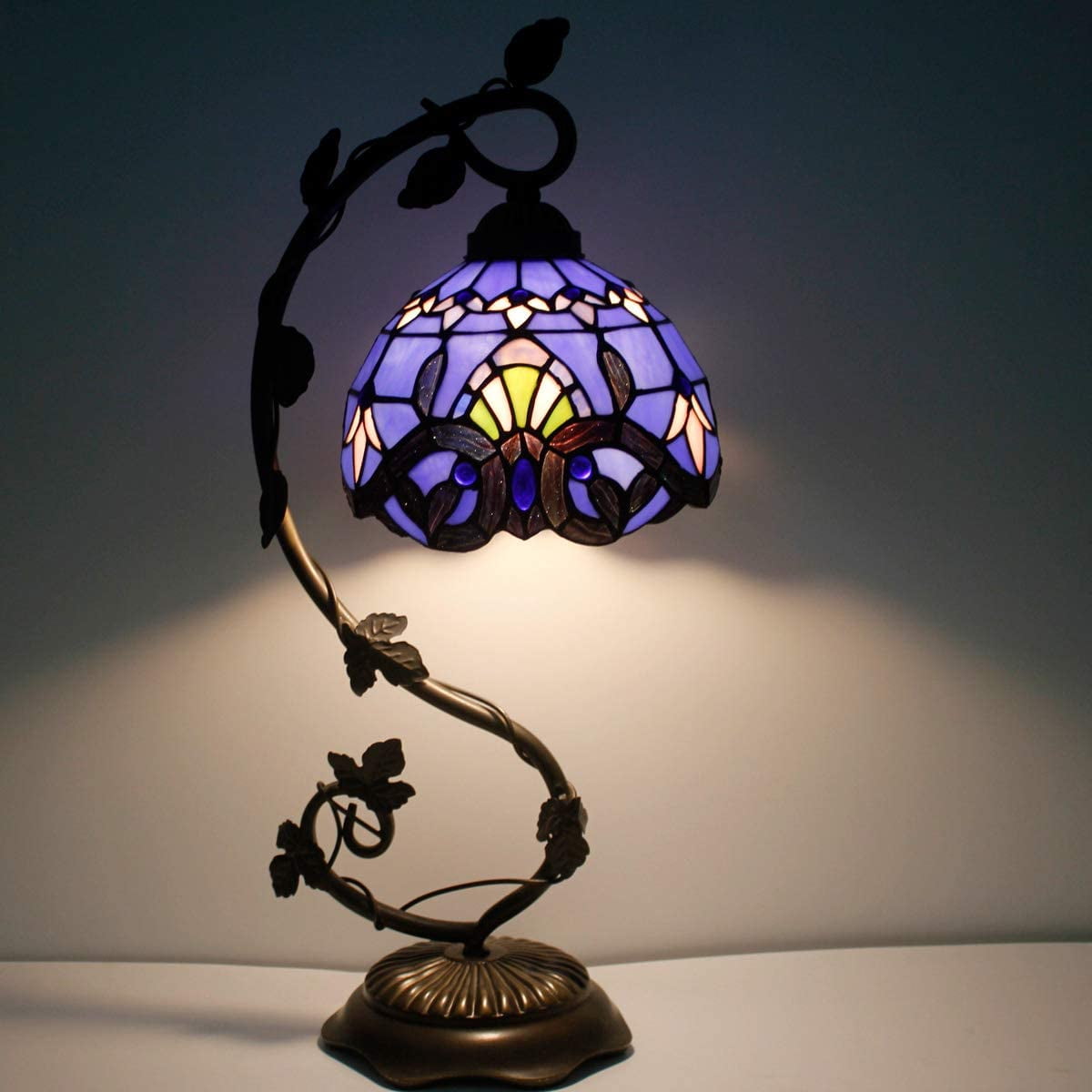 Bedside Table Lamp, Stained Glass Lamp Minimalist Tiffany Style Banker Desk Light with Metal Leaf Thin Base for Small Space of Living Room, Bedroom, Kids Room,Dorm, Dresser, Office(LED Bulb Included)