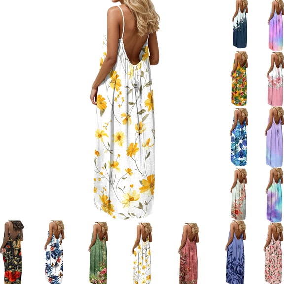 Elvqul Womens Scoop Neck Maxi Dresses Summer Dress Vacation Pullover Tunic Boho Sleeveless Dresses for Women Flowy, Sizes S-5X