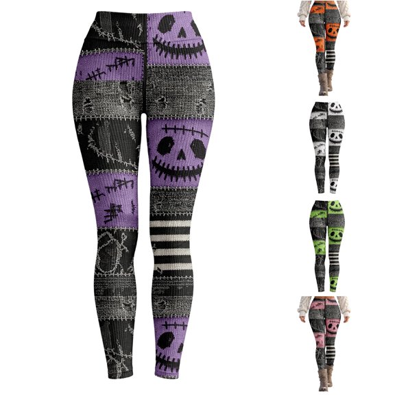RMGVDSD Halloween Leggings for Women Festival Printed High Waist Knit Leggings Stitched Patchwork Stretch Workout Pants Women Leggings,S