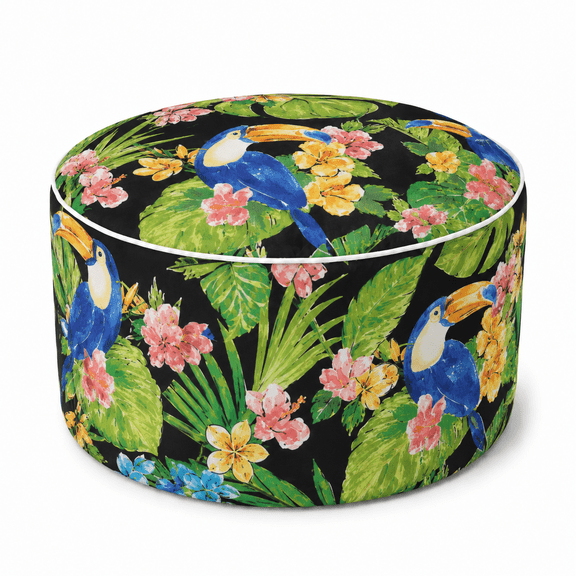 Outdoor Inflatable Ottoman 21"x21"x9", Fade-Resistant Patio Footrest Stool with Carry Handle, Portable Pouf for Patio, Garden, Camping and Indoor Use-Toucan Paradise Black