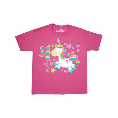 Inktastic Fourth Birthday Rainbow Unicorn Plush and Stars Child Short Sleeve T-Shirt Unisex Neon Pink S