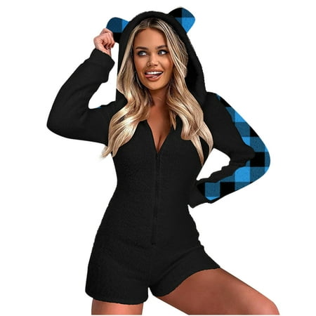 

Egmy Women Long Sleeve Hooded Jumpsuit Pajamas Casual Winter Warm Rompe Sleepwear