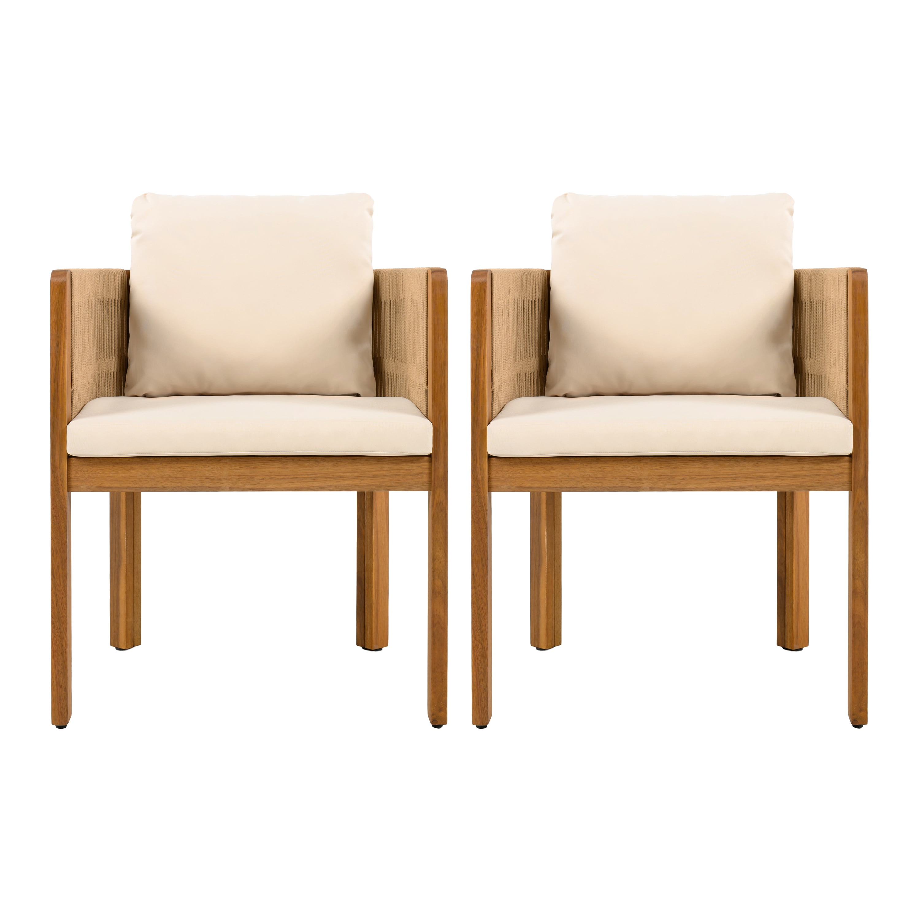 Acacia Wood Outdoor Dining Chairs Set of 2 with Brown Rope Handles Washable Waterproof Beige Cushions, Teak