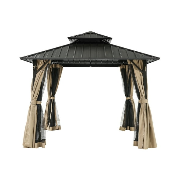 10'x10' Hardtop Gazebo with Double Roof & Mosquito Netting, Khaki All-Weather Outdoor Shelter with TripleLock Frame - Dual-Layer Ventilation for Patio, Garden