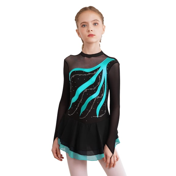 Zaldita Girls Kids Long Sleeve Mesh Splice Figure Skating Dress for Ballet Dance Gymnastics Leotard Competition Dancewear A Lake Green 10