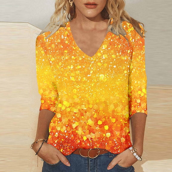 Jsaierl Women's 3/4 Length Sleeve Tops Casual V Neck Shirts Fashion Print Petite Blouses Work Cotton T-shirts Top S-5XL