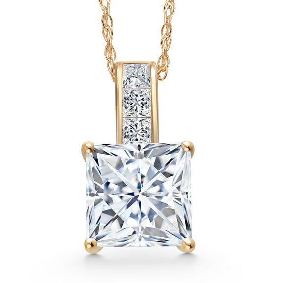 Gem Stone King 14K Yellow Gold White Moissanite and White Lab Grown Diamond Pendant Necklace for Women | 1.30 Cttw | Gemstone Birthstone | Princess 6MM | With 18 inch Chain