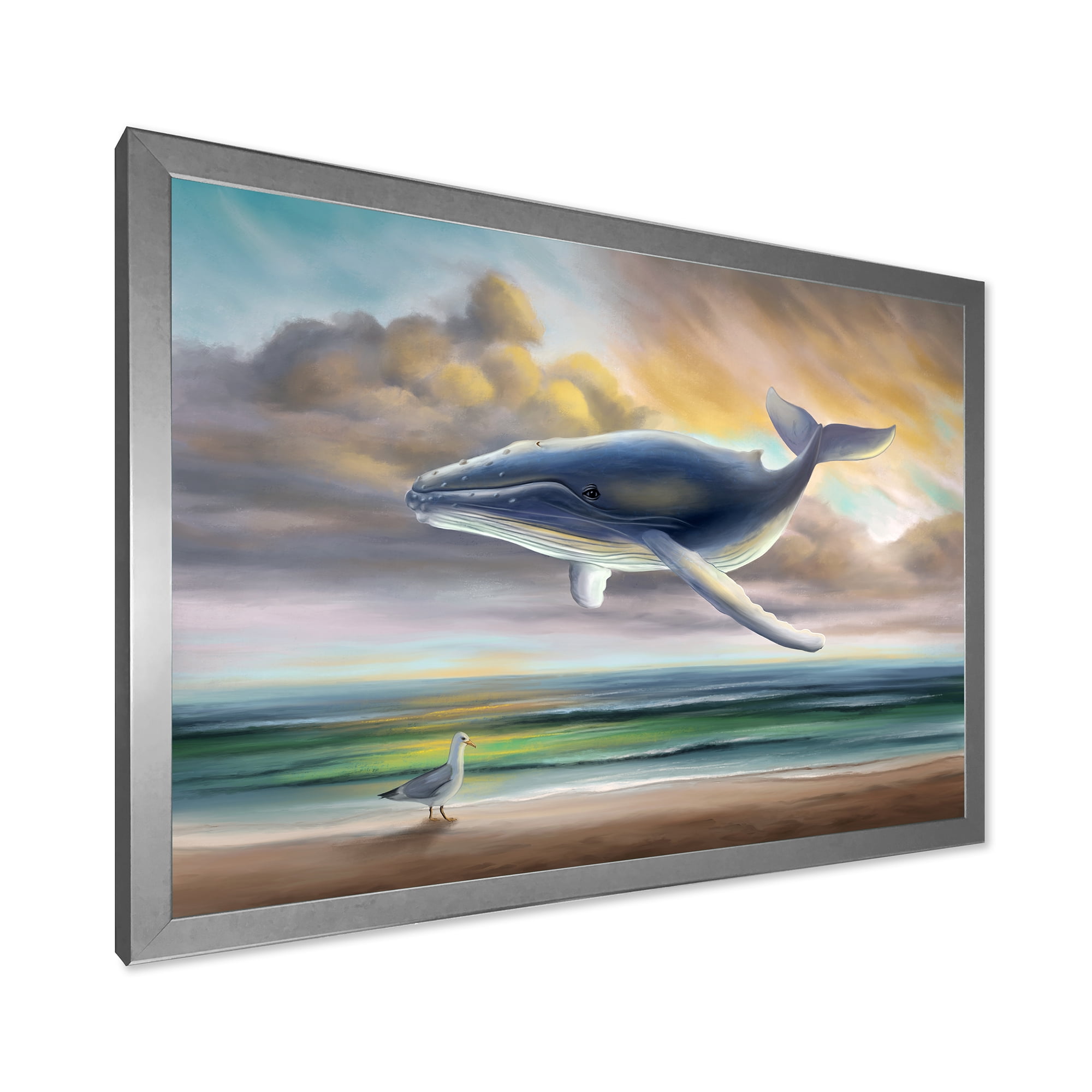 Designart 'Whale Floating In The Sky Over Beach' Children's Art Framed Art Print