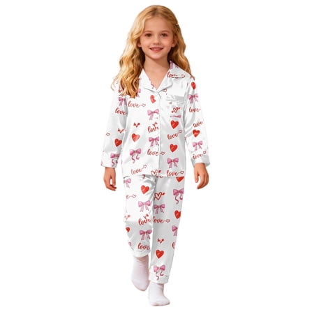 Kiijoy Little Girls Outfits Hearts Print Long Sleeve Shirt Pants Sleepwear Sizes 6-7