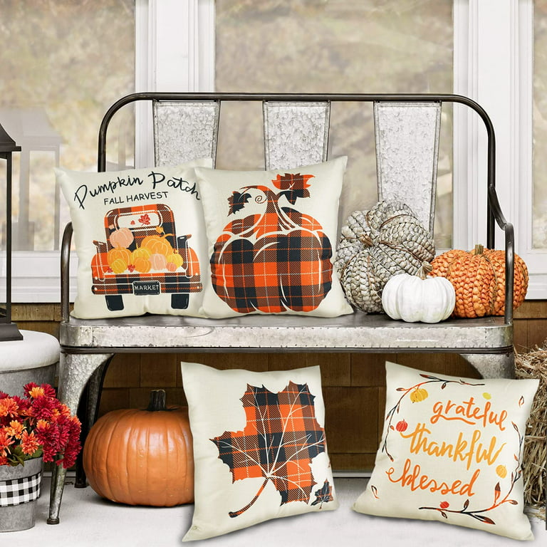 Fall Pillow Covers,18 x 18 inch Set of 4 Thanksgiving Throw Pillow  Cases,Thanksgiving Cushion Decor for Home Outside Patio Front Porch House  Farmhouse