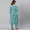 thumbnail image 6 of Janasya Indian V-Neck 3/4 Sleeve Striped Turquoise Cotton Kurta With Pant And Dupatta For Women, 6 of 9