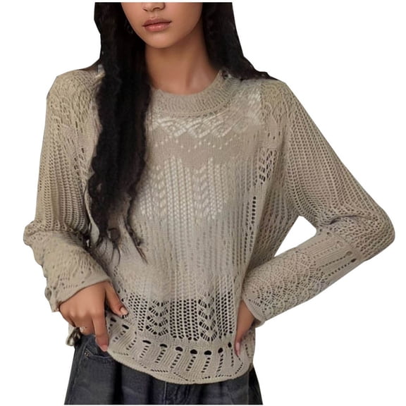 Fancifize Womens Lace Mesh Long Sleeve Shirts Crewneck Pullover Top Slim Fitted Outfits See Through Fall Fashion Blouses