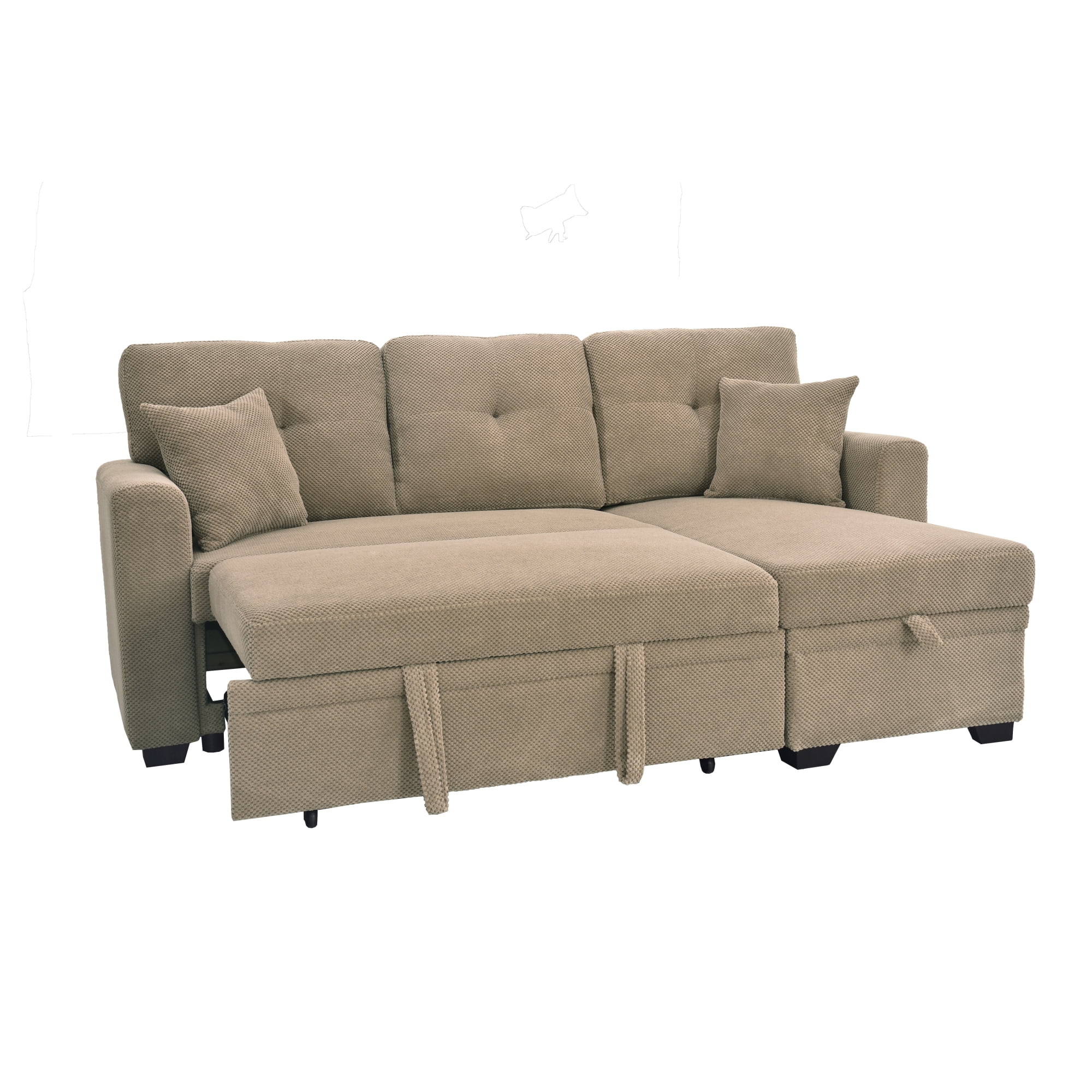 Leumius L Shaped Sectional Sofa with Pull Out Bed and Storage Chaise, 3 Seater Sectional Couch Convertible Sofa Bed for Small Space, Apartment & Guest Room, Camel