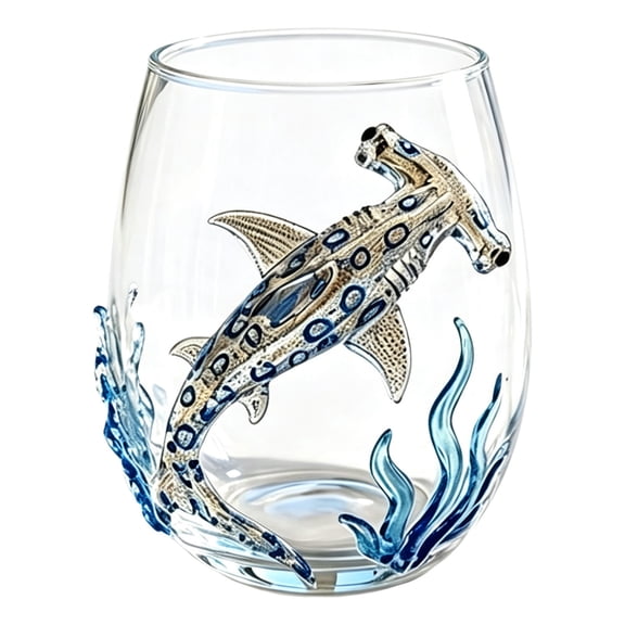 Artisanal Blue Ringed Hammerhead Shark Glassware,Ocean Animals Drinking Glass,Coastal Home Decor Gift for Ocean Lover