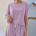 thumbnail image 5 of Sakmal Soft Women Pajama Sets 3pc Short Sleeve Comfy Top and Pants Lightweight Loose Fit Solid Lounge Round Neck Women Loungewear Set, 5 of 6