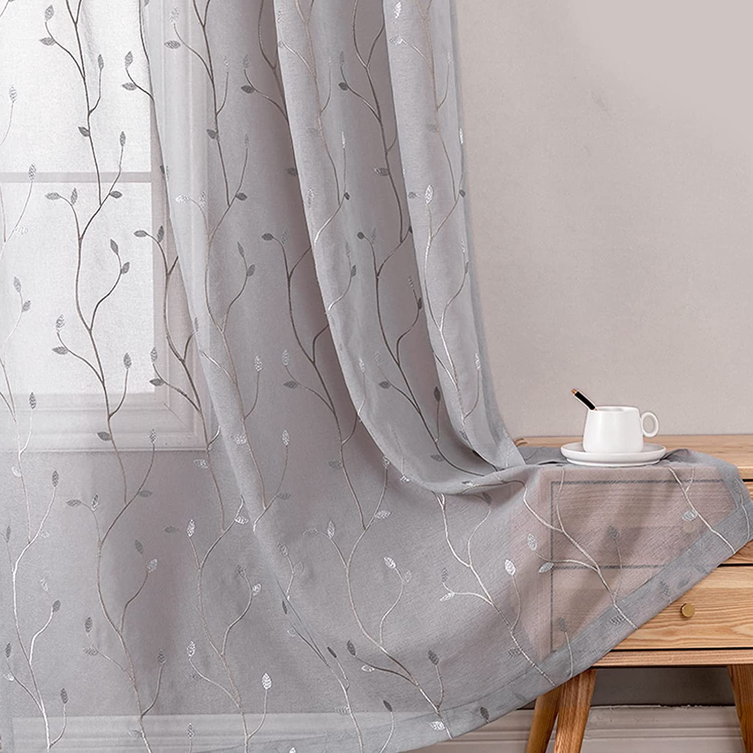 Curtainking Sheer Curtains Floral Embroidery Drapes 84 inch Voile Light Filtering Window Curtain Set for Living Room Bedroom Grommet 2 Panels Grey