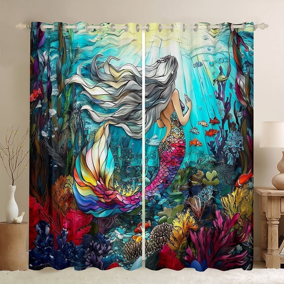 Erosebridal Princess Mermaid Curtains for Living Room,Marine Animal 30%-50% Blackout Curtains Set of 2 (38x45),Ocean Theme Decor