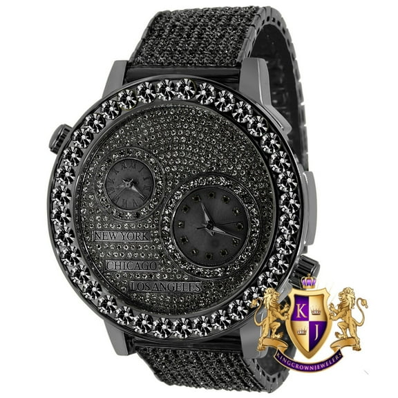 2 Time Zone Men's Chronograph Real Diamond Dial Men's 18K Black Gold Finish Flower Bezel Band Custom Watch Analog 45mm W/Date