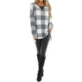 thumbnail image 3 of Women Checkered Crew Neck Long Sleeve Side Split Colorblock Top, 3 of 7