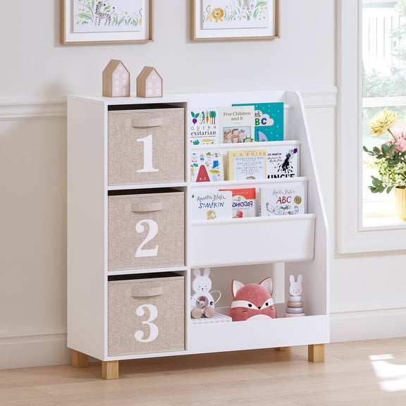 STAROUS 3-Tier Kids Sling Bookshelf with 3 Storage Bins, Wooden Book Display & Toy Organizer, White