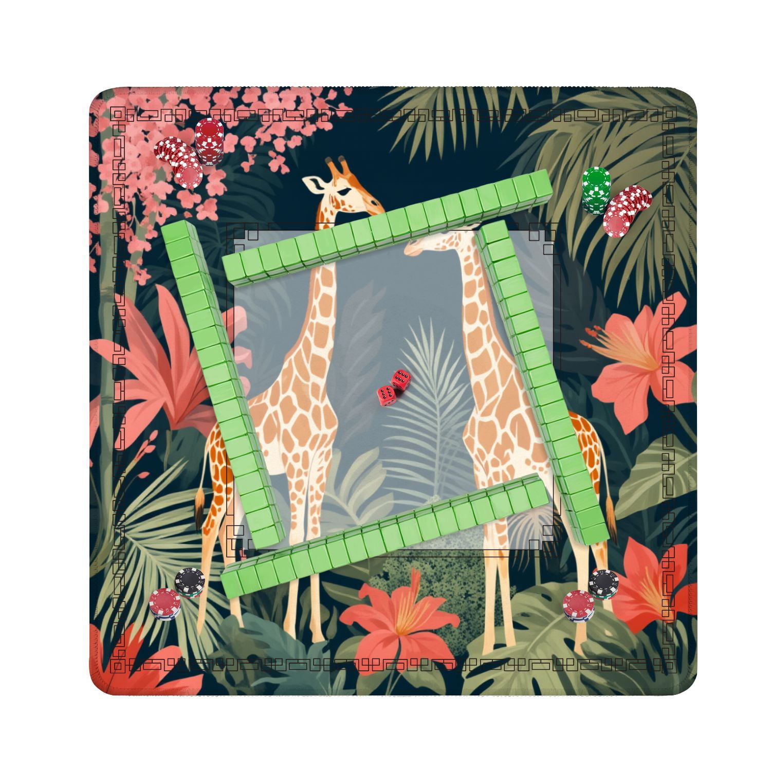 Mahjong Mat 31.5" x 31.5" Pair Giraffes Among Tropical Foliage Vibrant Flowers Non-Slip Noise Reduction American Mahjong Tiles Table Cover for Dominoes Poker Card Board Games Gift