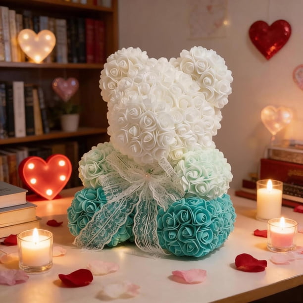 Oso de peluche artificial con rosas y luces | Ramo de flores con forma de oso de peluche | Regalo romántico decorativo para estante o mesa | Regalo de San Valentín