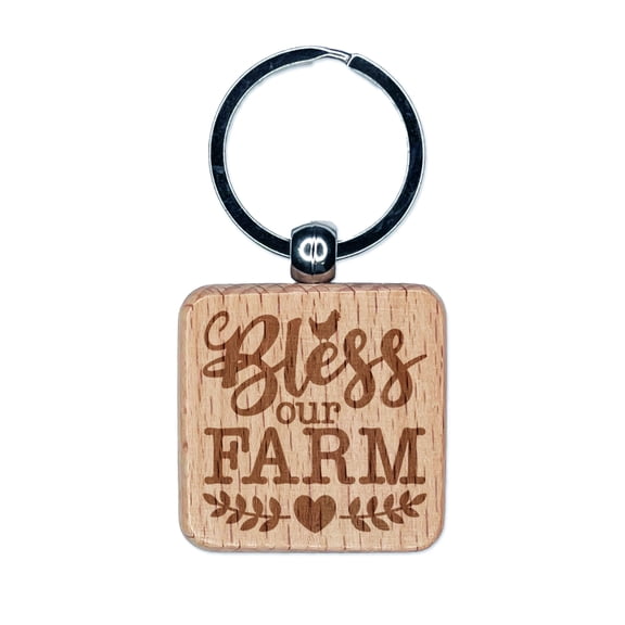 Bless Our Farm Square Keychain Charm Tag - Engraved Wood