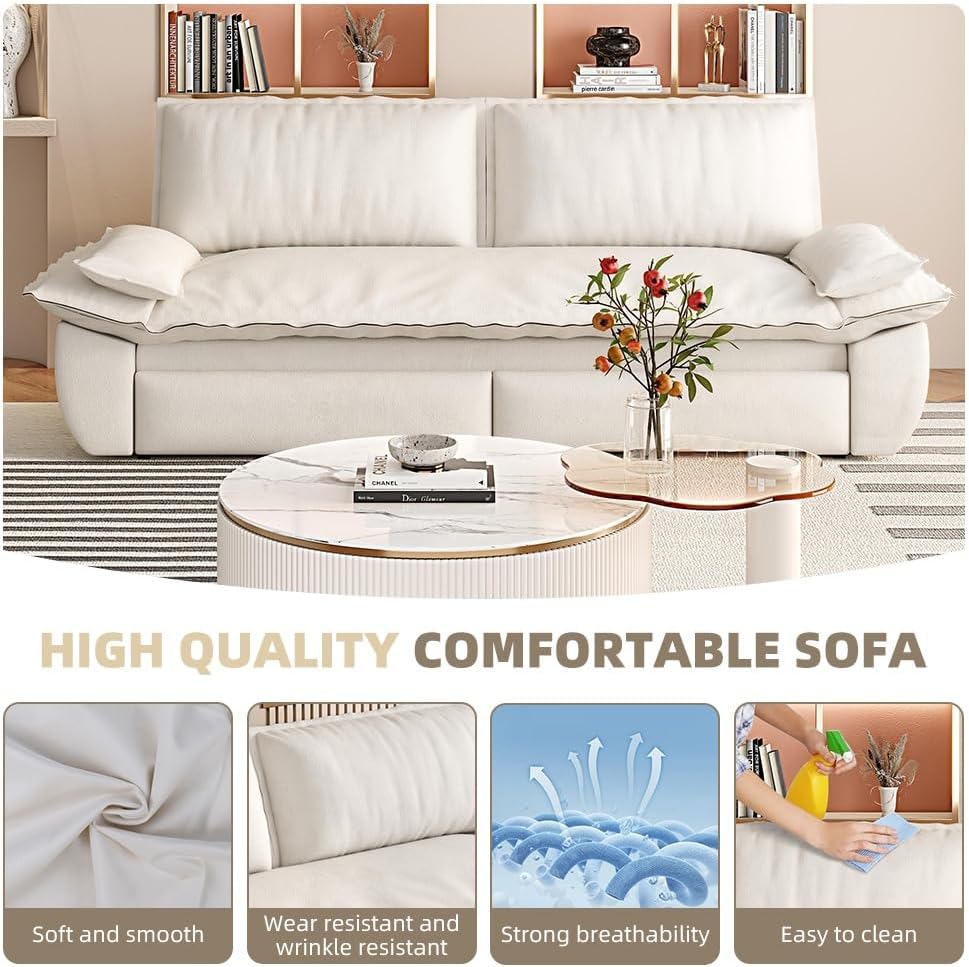 73.2" Queen 3‑In‑1 Convertible Sleeper Sofa Bed, Velvet Pull Out Multi‑Functional Loveseat, Beige+White