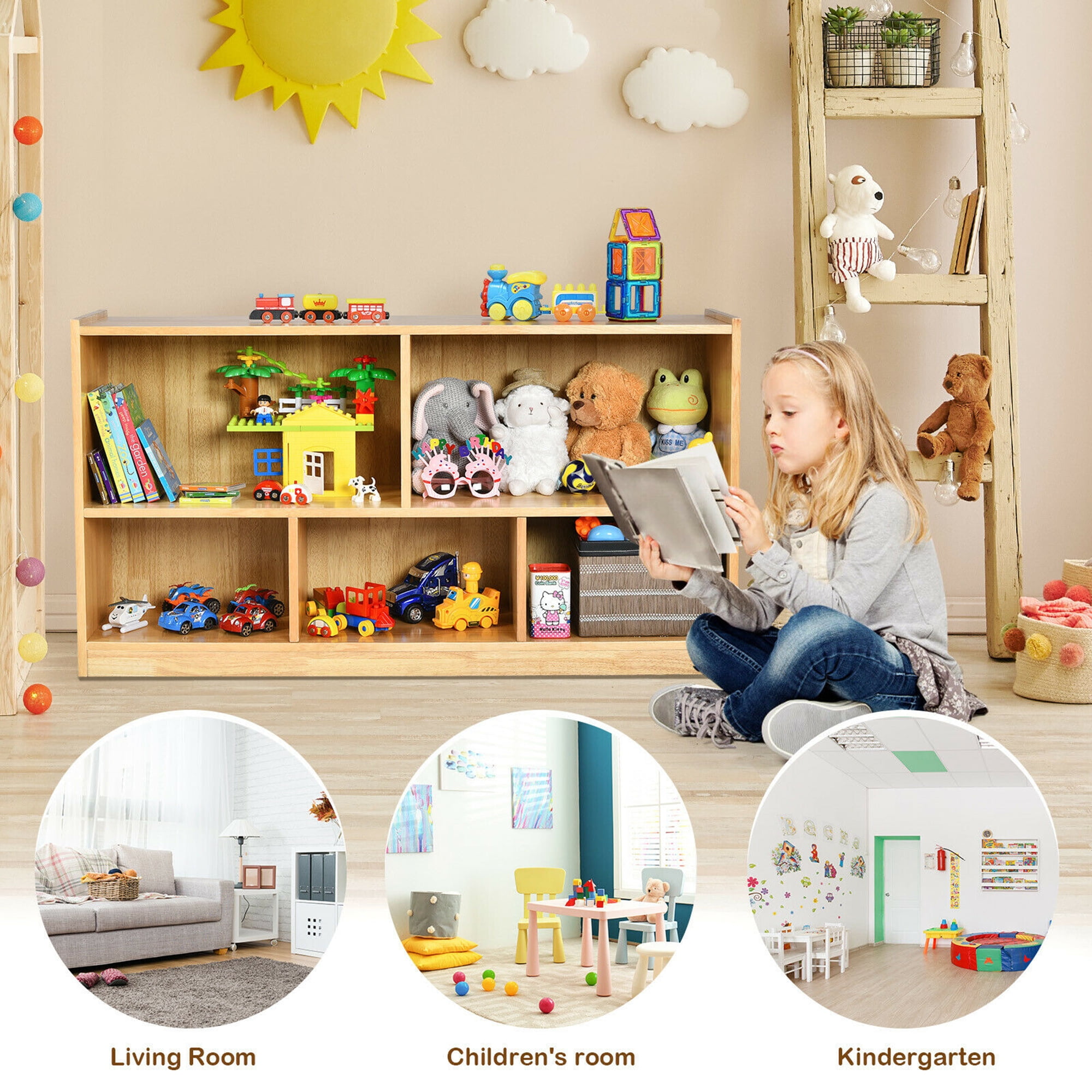 Gymax Kids 2-Shelf Wood Bookcase Organizer 5-Cube Storage Cabinet Natural