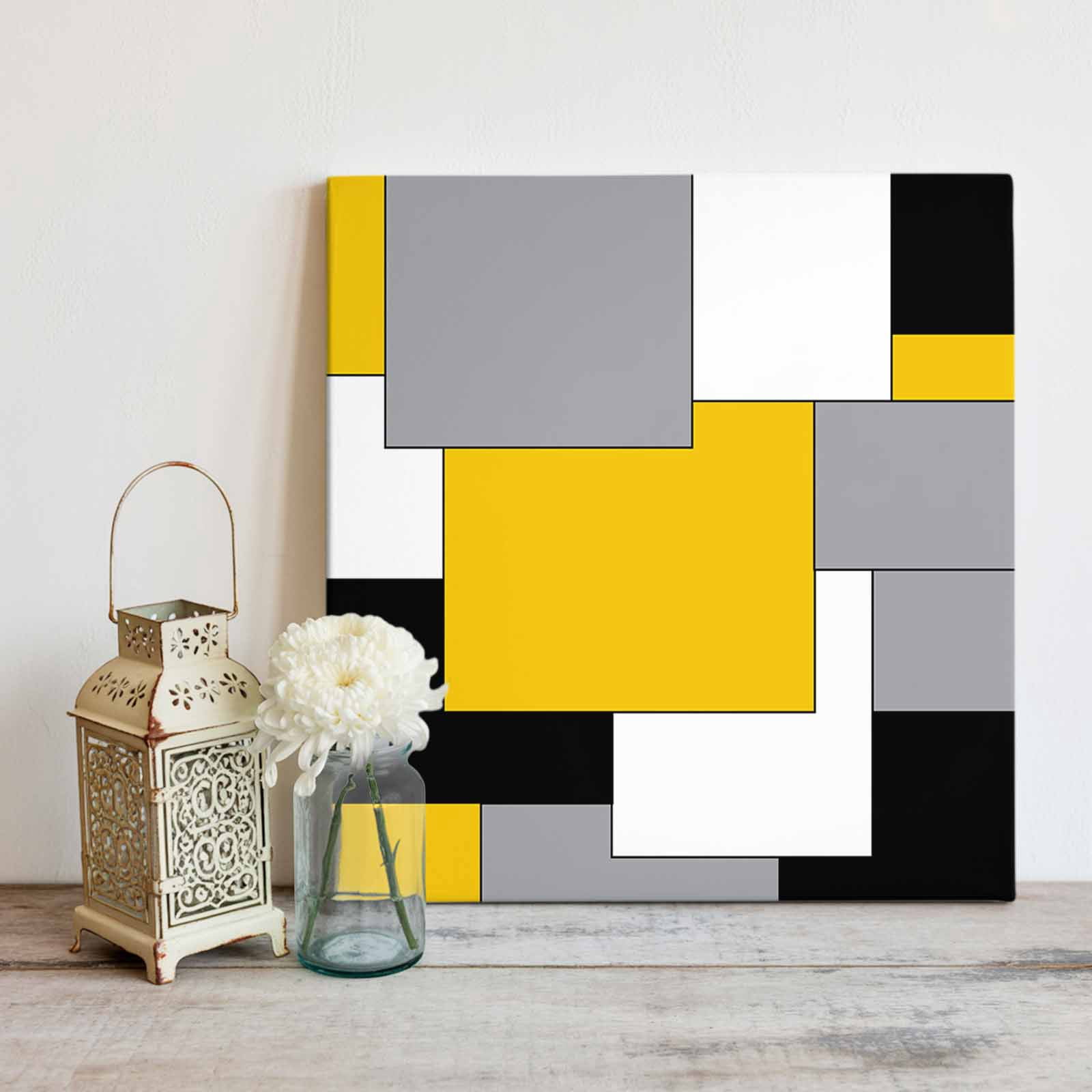 Abstract Art Canvas Wall Art, Patchwork Black and Yellow Framed Wall Decor Modern Artwork Prints Painting for Living Room, Bedroom, Kitchen & Cafe Decor 20x20 Inch