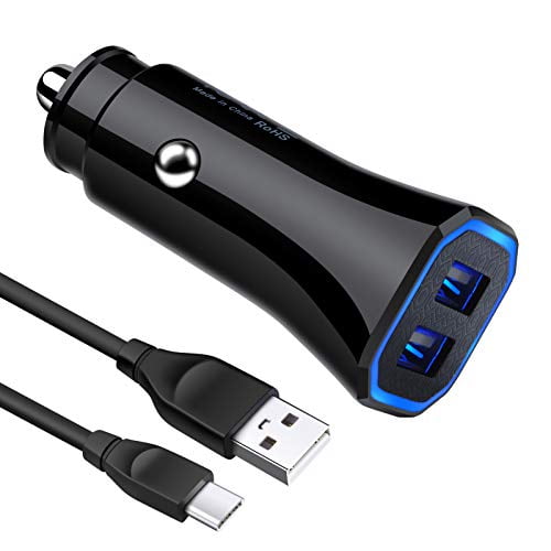 Rapid USB Car Charger,4.8A Dual Port Car Adapter Fast Charging+6FT Type