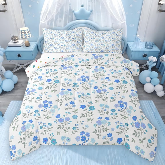 Feelyou Cartoon Spring Floral Full Size Comforter Sets, Blue Flower Bedding Sets, 3 Pieces
