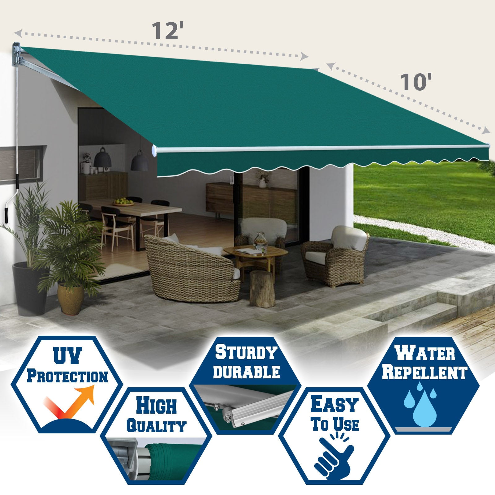 SUNNYOUTDOOR 12x10 FT Patio Awning Retractable Outdoor Sun Shade Manual Patio Deck Awning Heavy Duty Awning (Green)