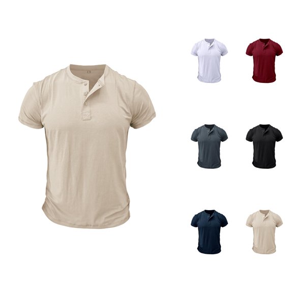 Mens Henley T-shirts Cotton Short Sleeve Shirts Solid Color Casual Slim Fit Summer Tops for Everyday Wear