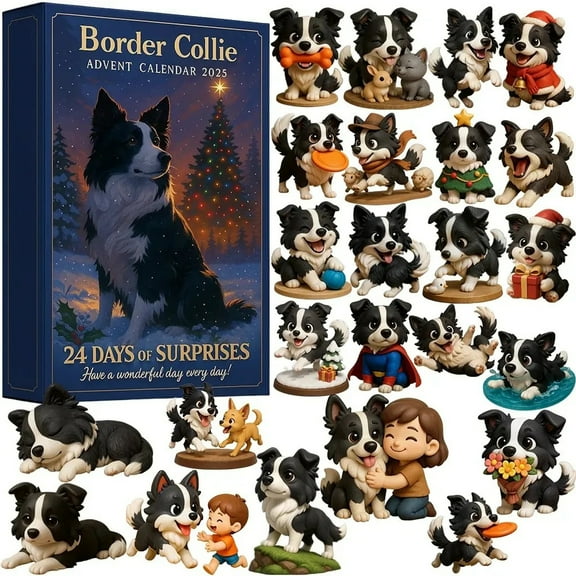 Border Collie Advent Calendar 2025 with 24 Unique Dog Figurines Collectible Holiday Gift Set for Pet Lovers Family