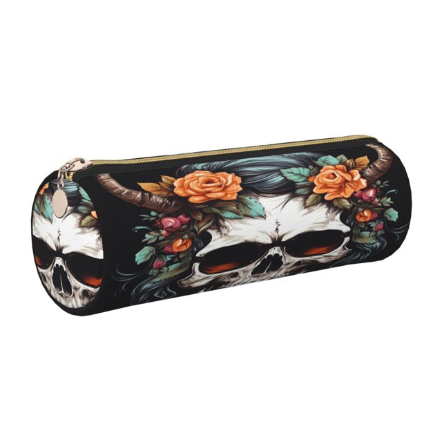 Disketp Flower Horn Skull Estuche Organizador de Lápices de Cuero, Estuche de Oficina con Cremallera para Bolígrafo y Lápiz